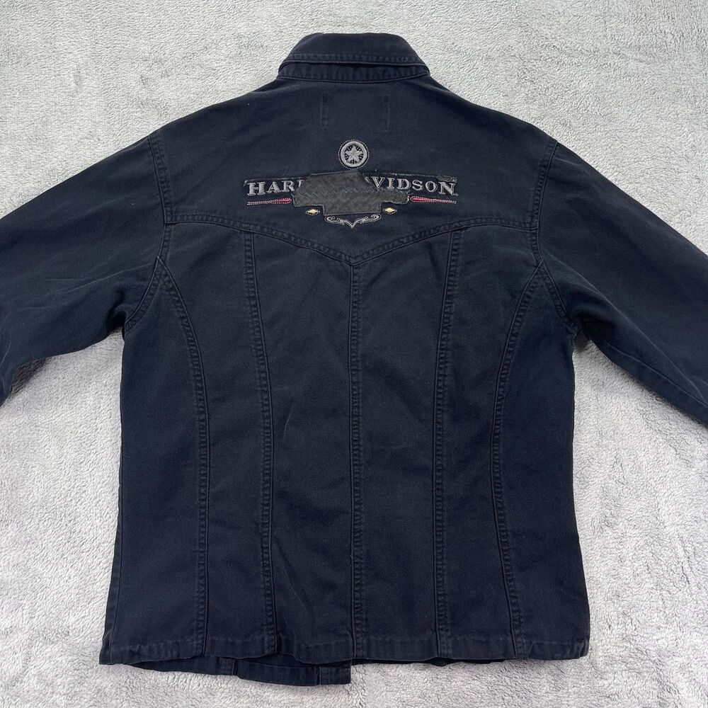 Harley Davidson Motorcycle Denim Shirt Womens Large Black Floral Embroiderey - Picture 6 of 11